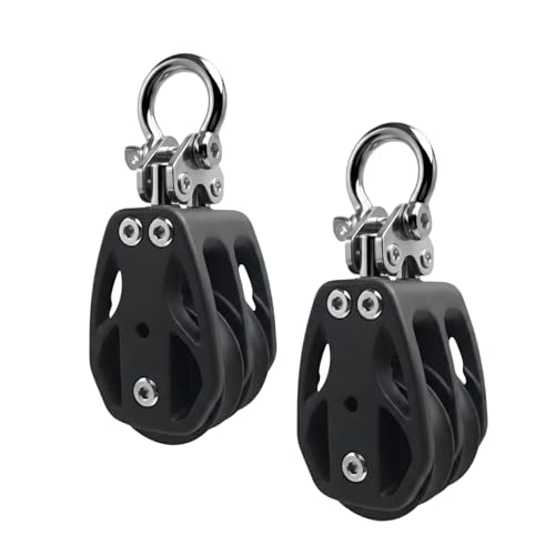 Helffer 2 Pack 35mm Double Pulley Block Create 4:1 Block and Tackle Hoist System 316 Stainless Steel Hardware & Lightweight Nylon Body 550lbs Load Fixed Eye for Kayak Garage Lift (Fits 5/16 Rope)