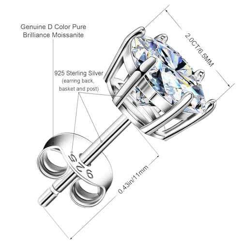 Moissanite Stud Earrings for Women, 0.6-4ct VVS1 Clarity, 18K White Gold Vermeil on 925 Sterling Silver, D Color Jewelry Gift2