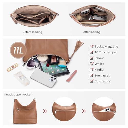 Image of Genuine Leather Hobo Crossbody Bag for Women, Soft Real Leather Bucket, Shoulder Handbag Purse with 2 Removable Strap