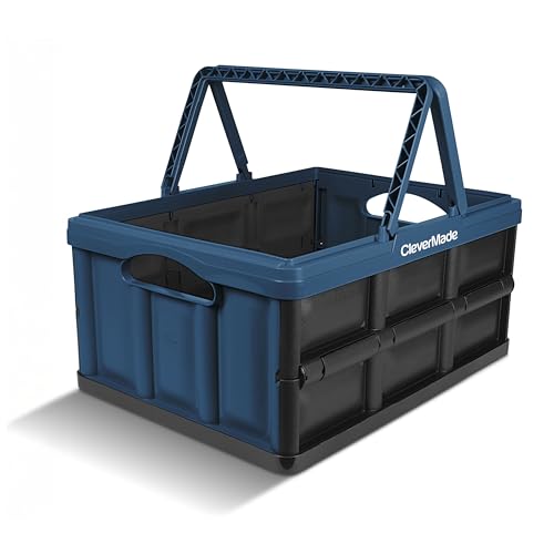 CleverMade Collapsible Shopping Basket 32L – Folding Grocery Basket with Handles, Stackable Reusable Storage Crate with 35 lb Capacity, Recycled Plastic, Car Trunk Organizer - Ocean Blue