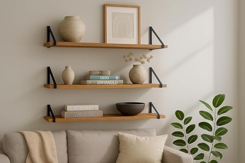 Amazon Brand - Solimo Bookshelf for Wall with Metal Brackets | Home Decorative Wall Shelf | Wall Hanging Shelf for Books, Living Room, Bedroom, Study Room | Coachwood Yellow | Pack of 3 | 50 x 20 CM