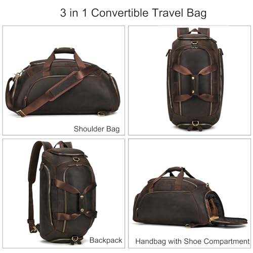 3 in 1 Genuine Leather Travel Bag Garment Duffel Bags, Versatile Convertible Backpack Carry on Gym Handbag with Shoe Compartment Shoulder Bag for Adult Men & Women, Brown3