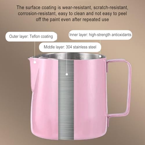 Milk Frothing Pitcher,Tianher Milk Jug Cup Stainless Steel Frothing Pitcher 350ml with Measurement and Latte Decorating Art Pen for Barista Making Coffee Cappuccino(Pink) - Image 3