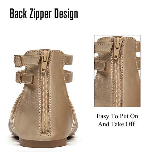 Katliu Womens Flat Sandal Gladiator Sandals Two Ankle Buckle Women Open Toe Summer Zipper Sandals Gold 9 #TOP3