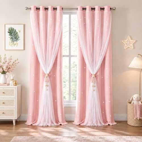 Kinryb Pink Kids Star Cutout Curtains for Bedroom 52" W x 108" L 2 Panels
