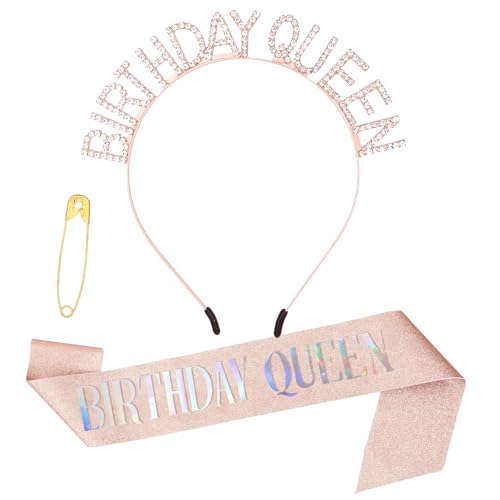 TIESOME Corona de cumpleaños para mujer, banda de cumpleaños, tiara de cumpleaños de oro rosa con purpurina, banda de reina, banda de cumpleaños y corona de diamantes de imitación, accesorios de