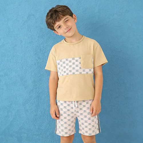 Image of Ayzozuy Boy Clothes Colorblock Top + Drawstring Waist Shorts 2 Pieces Kid Summer Outfits Set