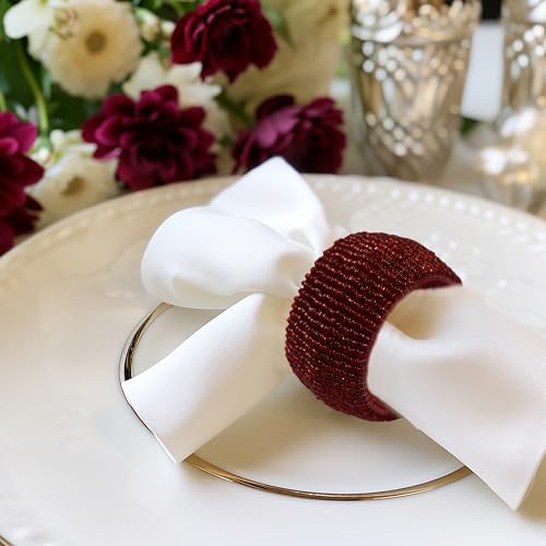 Image of COTTON CRAFT Glitz Beaded Napkin Rings - Set of 12 - Handmade Burgundy Napkin Ring Holders for Dining Table Decor - Elegant Beaded Napkin Rings for Weddings, Parties, Brunch, Holiday Table Settings