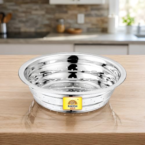 Image of Rakesh Gold Stainless Steel Colander & Strainer for Kitchen Use - Multi-Use Channi /Steel Chalni with Holes for Washing Rice, Fruits, Vegetables & Wheat (Regular Size) (Small Size, Colander)