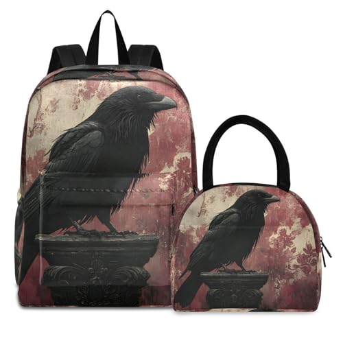 Elegant Crow Print Backpack Set with Lunch Bag, Large Capacity Travel Backpacks and Lunch Box Insulated for Commute Hiking Picnic