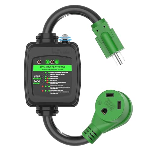 RVGUARD Surge Protector 30 Amp to 110 Volt RV Adapter Cord with Overload Protection NEMA 5-15P to NEMA TT-30R Electrical Power Adapter 2 Feet Green ETL Listed