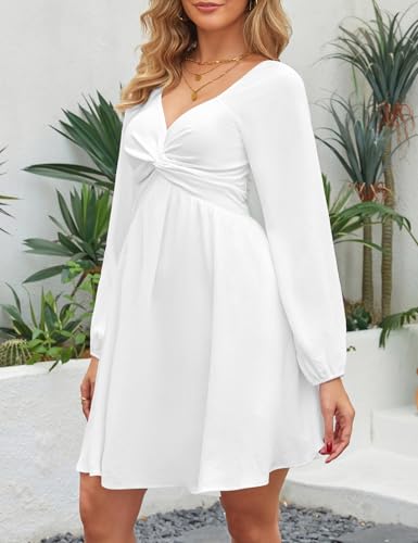 Florboom Women's Sweetheart Knot Front Dress Lantern Long Sleeve Smocked Back A-Line Chiffon Mini Dresses4