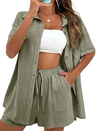 APAFES Women Summer Cotton Linen Short Sets 2 Piece Shorts Top Lounge Beach Vacation Two Piece Outfits Tracksuits