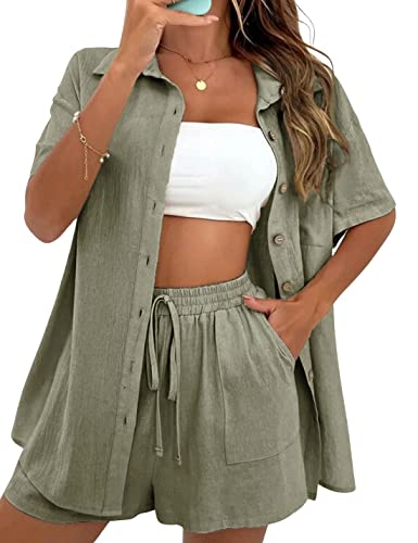 APAFES Women Summer Cotton Linen Short Sets 2 Piece Shorts