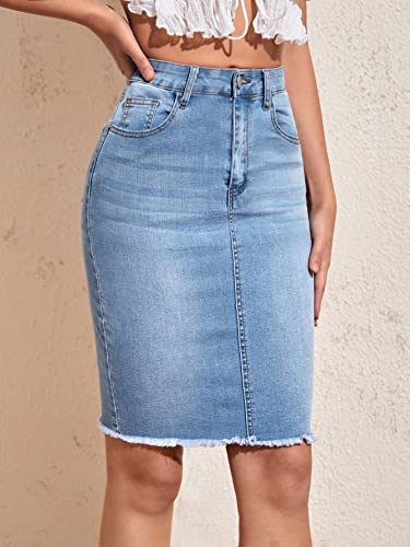 Floerns Saia jeans feminina casual cintura alta bainha crua lápis azul céu M, Céu azul, M