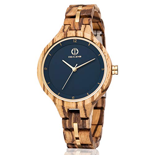 Women Wooden Watch,DEALENB Analog Quartz Wood Watch 40mm Case 14mm Band Width Lightweight Casual Women Wood Wrist Watches for Mother/Girlfriend/Sisters (Zebra Wood)