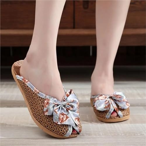 Sweet Bow Linen Slippers Flat Peep-toe Straw Weaving Slippers Shoes Hollow Out Closed-toe Sandals Women2