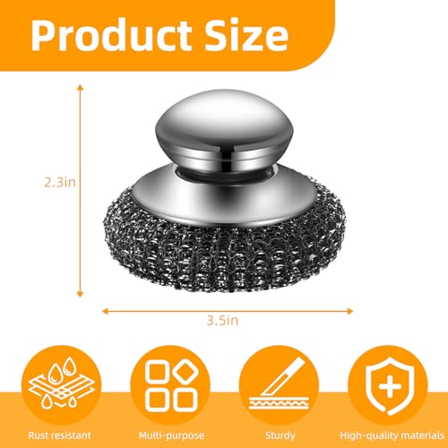 Image of 2Pcs Heavy Duty Stainless Steel Dish Brush with Handle - Kitchen Scrub Brush for Dishes, Pans, Cooktops - 3 Replacement Pads Included