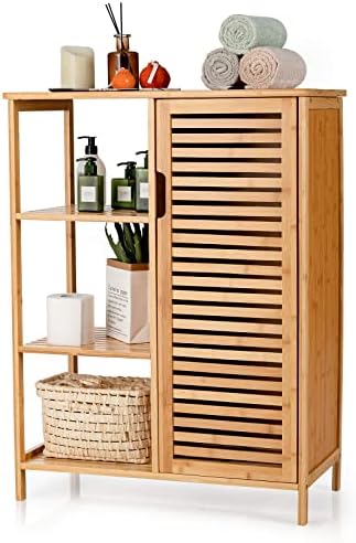 CASART Bamboo Bathroom Cabinet, Single Door Freestanding Floor Cabinets with 3-Tier Open Shelves, Storage Cupboard Organizer for Living Room, Kitchen, Hallway (Natural)