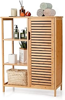 CASART Bamboo Bathroom Cabinet, Single Door Freestanding Floor Cabinets with 3-Tier Open Shelves, Storage Cupboard Organizer for Living Room, Kitchen, Hallway (Natural)