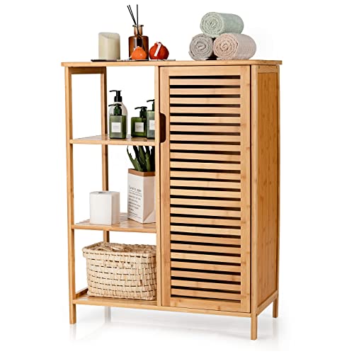 Giantex Bathroom Storage Cabinet Bamboo Floor Cabinet Free Standing Organizer, with 3-tier Open Shelf & Multipurpose Closed Compartments for Kitchen, Living Room