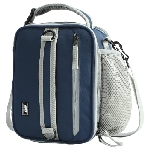 MIER Bolsa de almuerzo expandible con aislamiento para hombres, niños, adolescentes a trabajar, viajes escolares, múltiples bolsillos, lonchera portátil con correa para el hombro (azul marino)