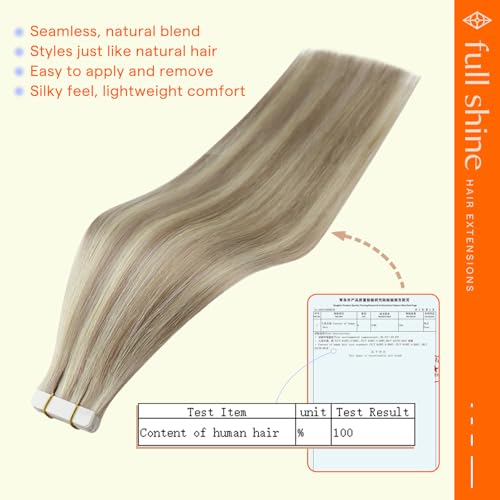 Image of Full Shine Hair Extensions Tape In, 22 Inch Dirty Blonde Mix | 50g 20PCS, Brazilian Seamless Remy Human Hair Tape in Extensions, Invisible Skin Weft Soft Remy Finish for Women Styling