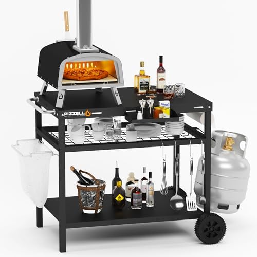 PIZZELLO Outdoor Grill Cart Three-Shelf Grill Table Movable BBQ Trolley Food Prep Carts Solid Steel Multifunctional Worktable Island with Two Wheels, Hooks, Black