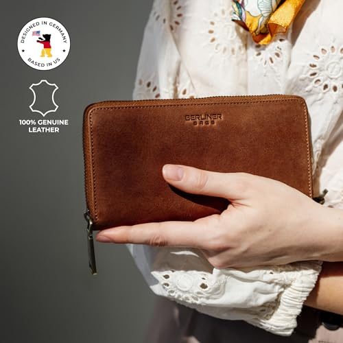 Image of BERLINER BAGS Genuine Leather Zip Wallet Women Lyon, Gift Box - Brown | Soft Leather Zip Around Wallet, Fits up to Phone 6.9 inch, 15 Card Slots, 1 ID Window, 3 Bill Slots, 1 Coin Pocket, RFID Blocking