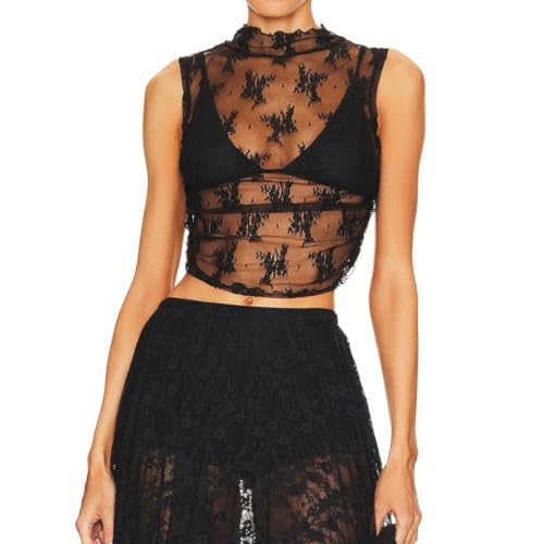 LOFAAC Women Floral Lace Sheer Mesh Crop Tank Top Mock Neck Sleeveless See Through Ruched Side Layering Crop Top Party2