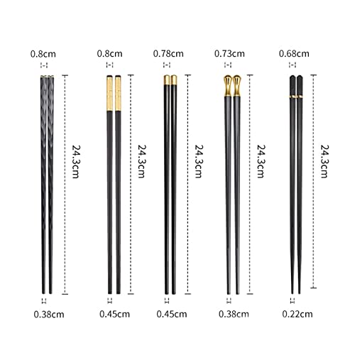 Chopsticks Reusable Dishwasher Safe, 9.6 Inch/24.3Cm Matte Non-Slip Japanese Chinese Chop Sticks, Fiberglass, Black&Gold-5 Pairs #TOP6