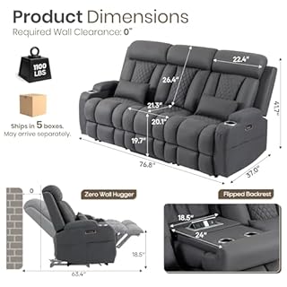 PALLOME Zero Wall Hugger Power Recliner Sofa, Reclining Sofa Couch with Adjustable Headrest, 3 Seater Electric Recliner Couch with Drop-Down Table for Living Room (Grey)
