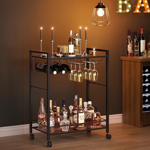 Image of Joaxswe Bar Cart, Home Bar Serving Cart with 2-Tier Shelf,Rolling Beverage Cart with Wheels,Mobile Kitchen Shelf,Modern Black Wine Drink Cart with Wine Rack and Glass Holder for Kitchen,Dinning Room