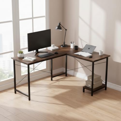 Image of RIZIK Store L-Shaped Computer Desk | 50-Inch Corner Gaming & Study Table with Engineered Wood Top, Metal Frame & CPU Shelf | Writing Workstation for Bedroom, Office & Small Rooms (Brown)