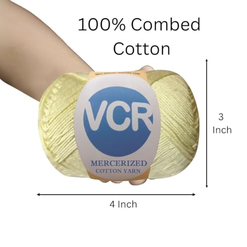 Image of VCR 4 Ply Baby Yellow 100% Mercerized Cotton Yarn, 60 Grams Hank, 190 Meters Length, Cotton Combed Ball, Smooth and Glossy Crochet Yarn for Crochet and Knitting, Pack of 1, Suitable for DIY Crafts
