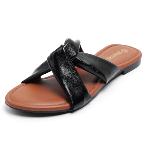 Women's Cross Strap Slide Sandals | Soft Cushioned Flat Slip-On S...