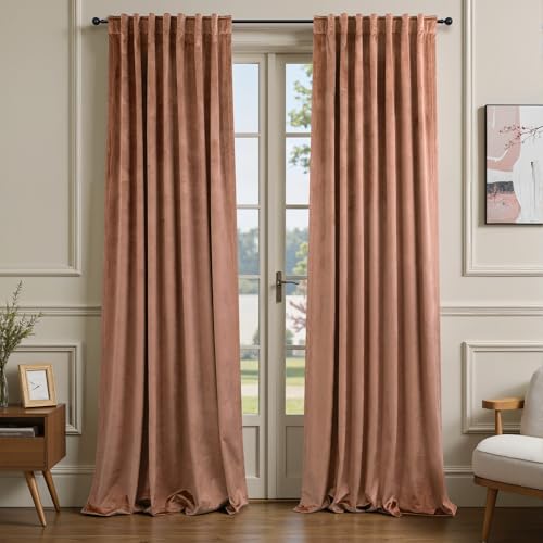 Image of Pitalk 96 Inch Cinnamon Velvet Blackout Curtains Chic Modern Farmhouse Vintage Luxury Back Tab Pleated Thermal Insulated Light Blocking Velvet Drapes for Bedroom Living Room Wide 52x96 in Long 2 Panel