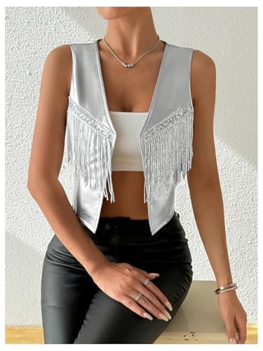 SHENHE Women's Metallic Sequin Fringe Vest Open Front Sleeveless Crop Jacket Rave Clubwear4