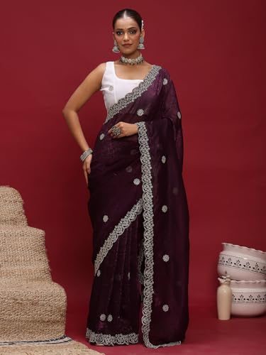 Image of AKHILAM Women's Tissue Embellished Saree With Unstitched Blouse Piece (RANI4701 RN Parent)
