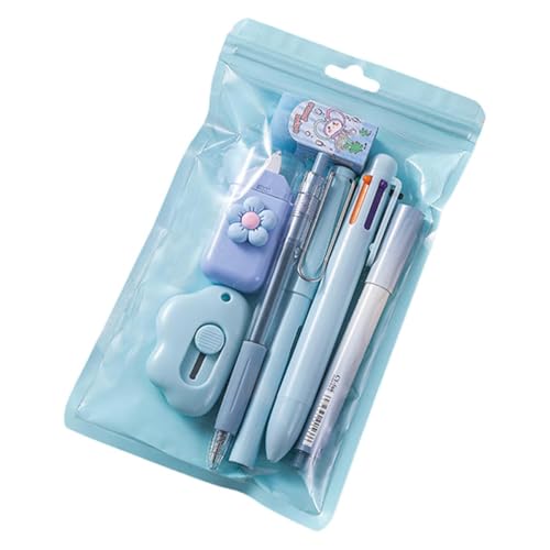 可愛い文房具セット 7点入 ペン 修正テープ 定規 カッター 鉛筆削り 蛍光ペン 学校 事務用 携帯便利 紫色 青色 筆記具 文具 収納ポーチ付き (ブルー)