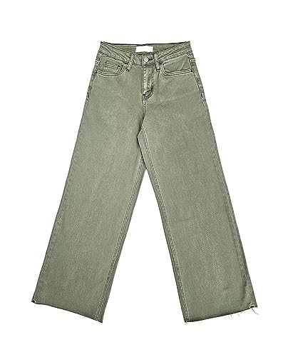 VERVET by Flying Monkey Olive Wide Denim Jeans Cropped High-Rise Raw-Cut4