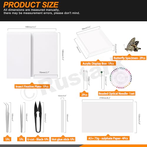 Rustark 15 Stück Insektenproben Werkzeug Kit, Insektenstiften, Insektenstiften Brett, Flügel Presspapier, Pinzette, Schere, Entomologie Bedarf Insect Specimen Tools Kit