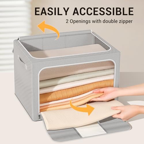 Image of Clothes Storage Bins with Metal Frame Foldable Storage Box Clothes Organizers Storage Containers for Clothes Sheets Blankets Books Toys Gifts and Holiday Decorations (66Lx3 Pack)