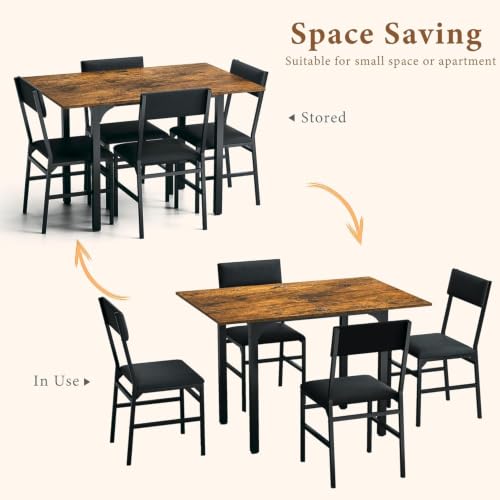 Image of HUAHUU 5-Piece Dining Table Set for 4, Extendable Kitchen Table Set with 4 Upholstered Cushion Chairs, Rectangle Table with Metal Frame & MDF Board, Folding Space-Saving for Small Apartment, Rustic