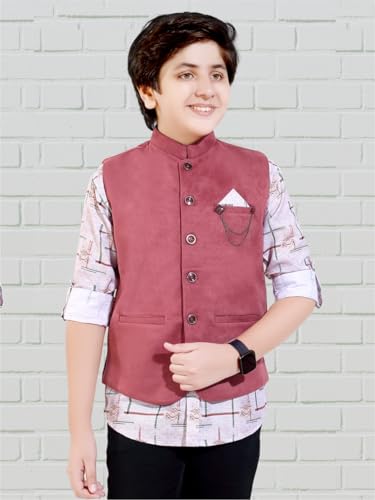 Image of CAVIO Boys Velvet Nehru Jacket with Printed Shirt