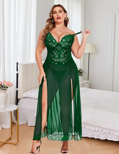Image of Avidlove Plus Size Lingerie for Curvy Women Long Lace Babydoll Nightdress | V neck sheer mesh nightgown,g-string included,high side slits,adjustable straps,curve-flattering fit,maternity photoshoot
