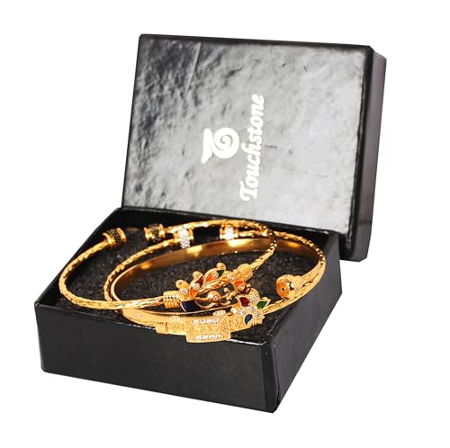 Image of Touchstone Indian Bollywood Handcrafted Engraved Etched Floral Round Rhinestones Cubic Zirconia CZ Designer Jewelry Openable Elegant Gold Plated Bracelets Combos for Women