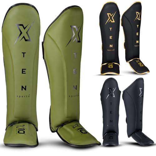 XTEN Shin Guards for Kickboxing, Muay Thai, MMA and Training Pads, Maya Hide Leather Instep Foam Protection, Leg Foot Protector for Martial Arts, Sparring, BJJ and Boxing Gear
