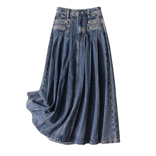 Women's Vintage Pleated Skirt Mid Length Zipper Denim High Waisted Long Casual Skirts2