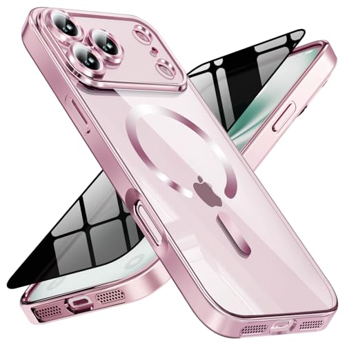 Image of Magnetic for iPhone 17 Pro Max Case with Privacy Screen Protector & Full Camera Cover,[Non-Yellowing] Shockproof Clear Phone Case Compatible with MagSafe Women Girls for iPhone 17 ProMax,Pink